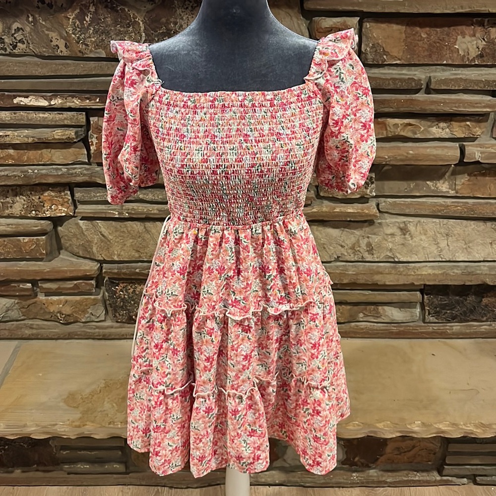 Altar'd State Pink Floral Smocked Tiered Mini Dress Open Tie Back